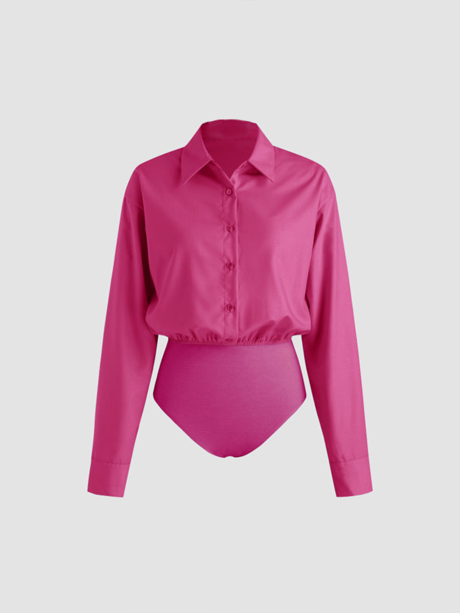 Collar Solid Button Long Sleeve Blouse Bodysuit