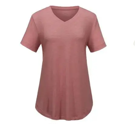 Women's Casual V-Neck Solid Color T-Shirt with Curved Hem
