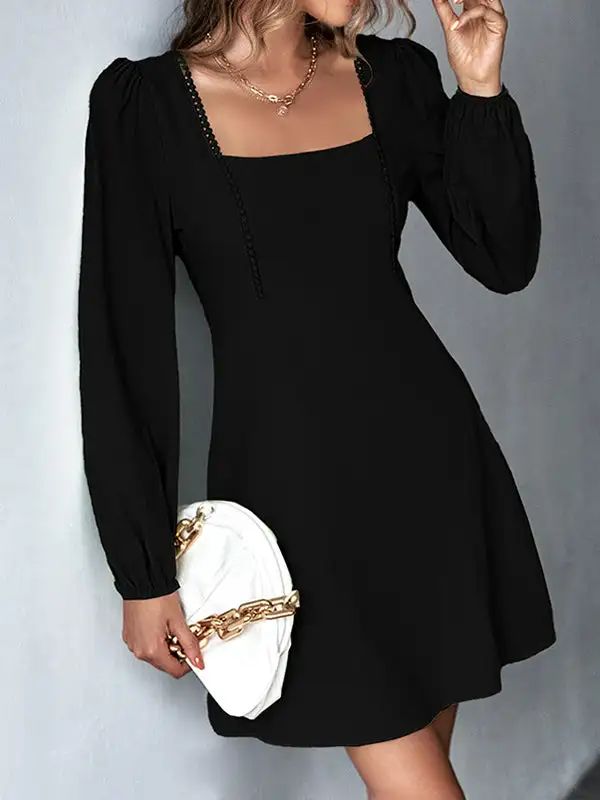 A Line High Waisted Solid Color Split Joint Square Neck Mini