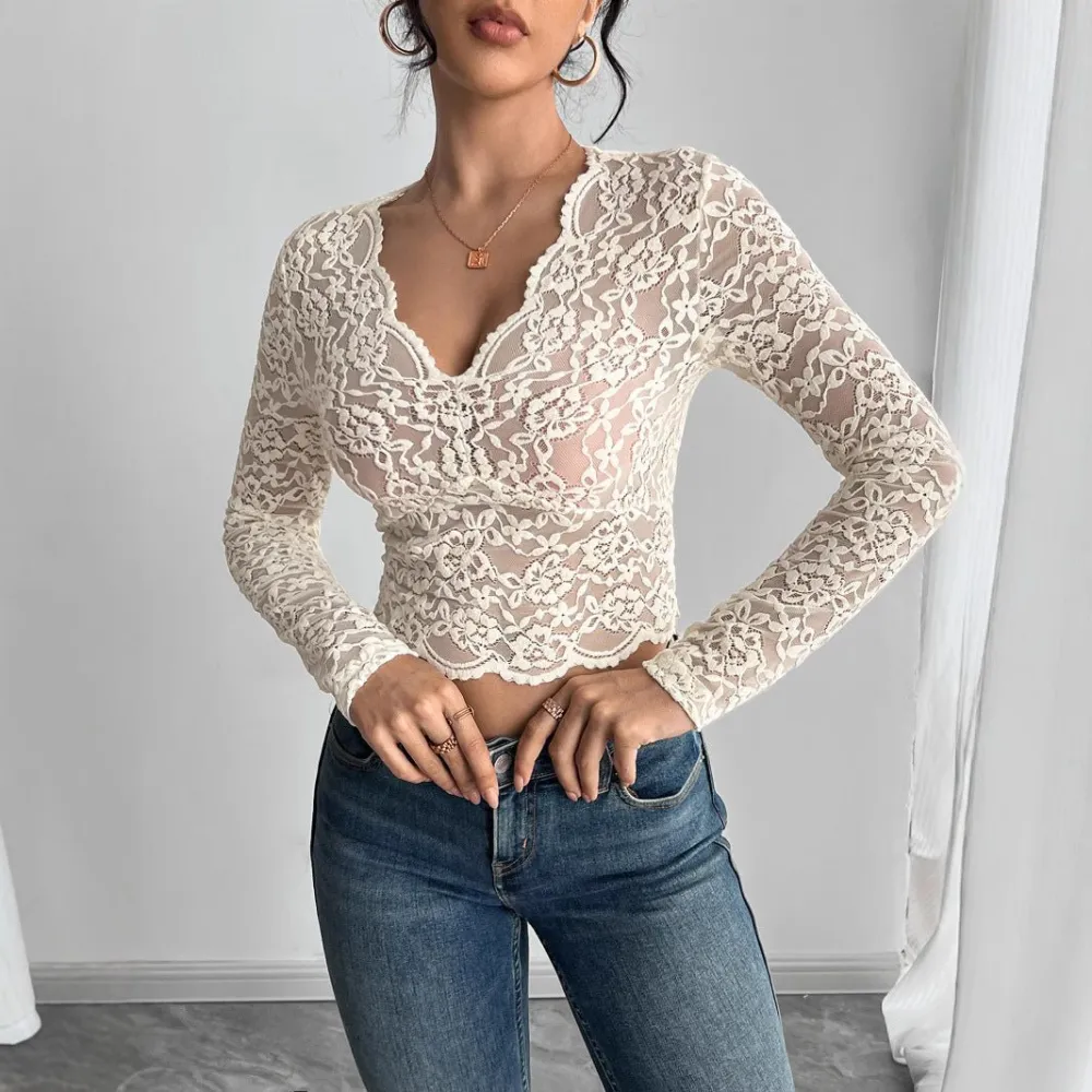 Lace V Neck Long Sleeve Blouse