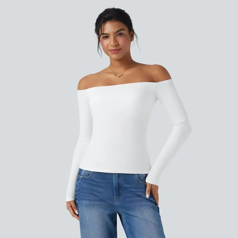 Ribbed Knit Off Shoulder Long Sleeve 2-in-1 Casual Top