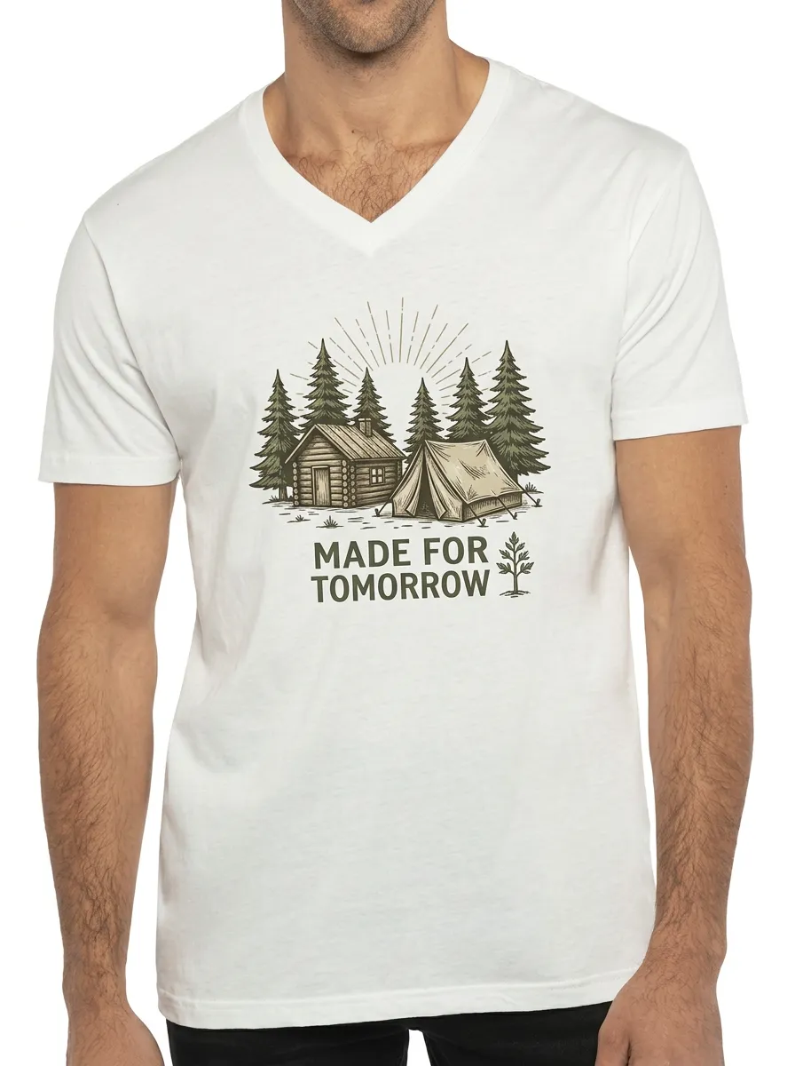 Men's Camping Nature Lover Cabin Tent Printed V-Neck T-Shirt