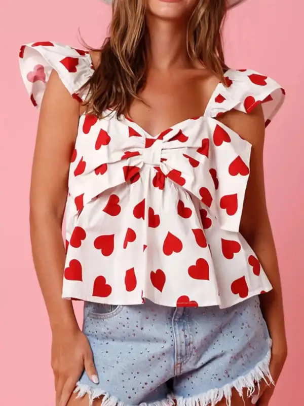Ruffled Heart Print Bow