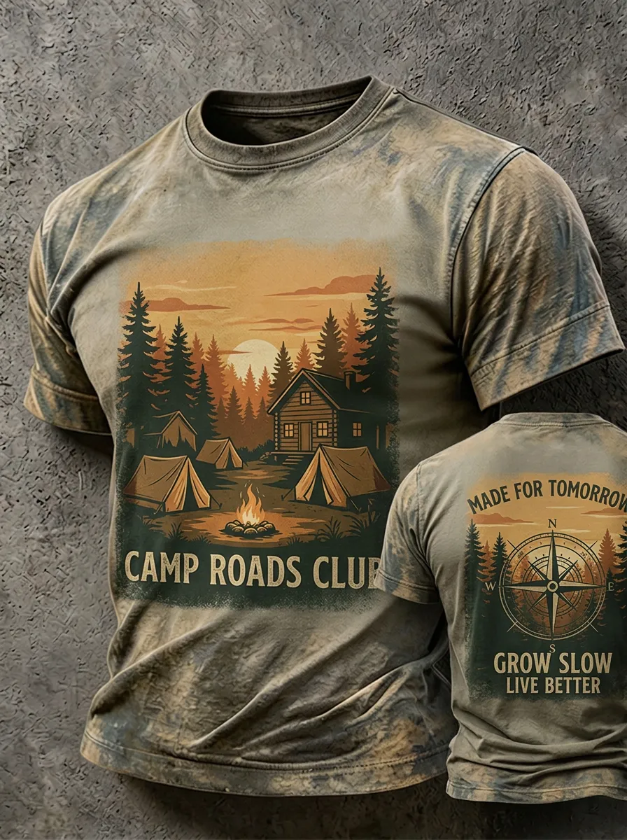 Unisex Camping Lover Forest Cabin Compass Printed T-shirt