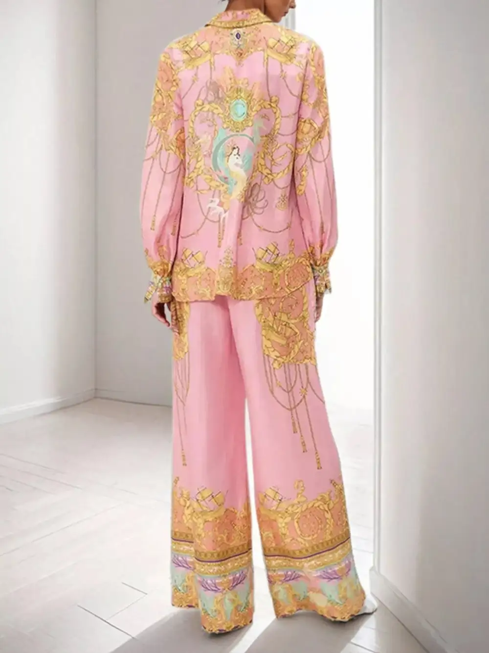 Printed Lantern Sleeve Top Pants Set