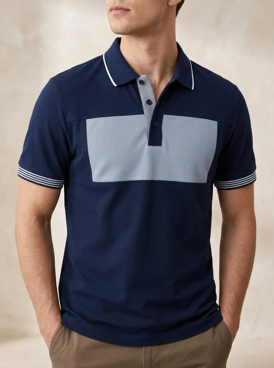 Men's Knit Ribbed Textured Striped Colorblock Polo Shirt