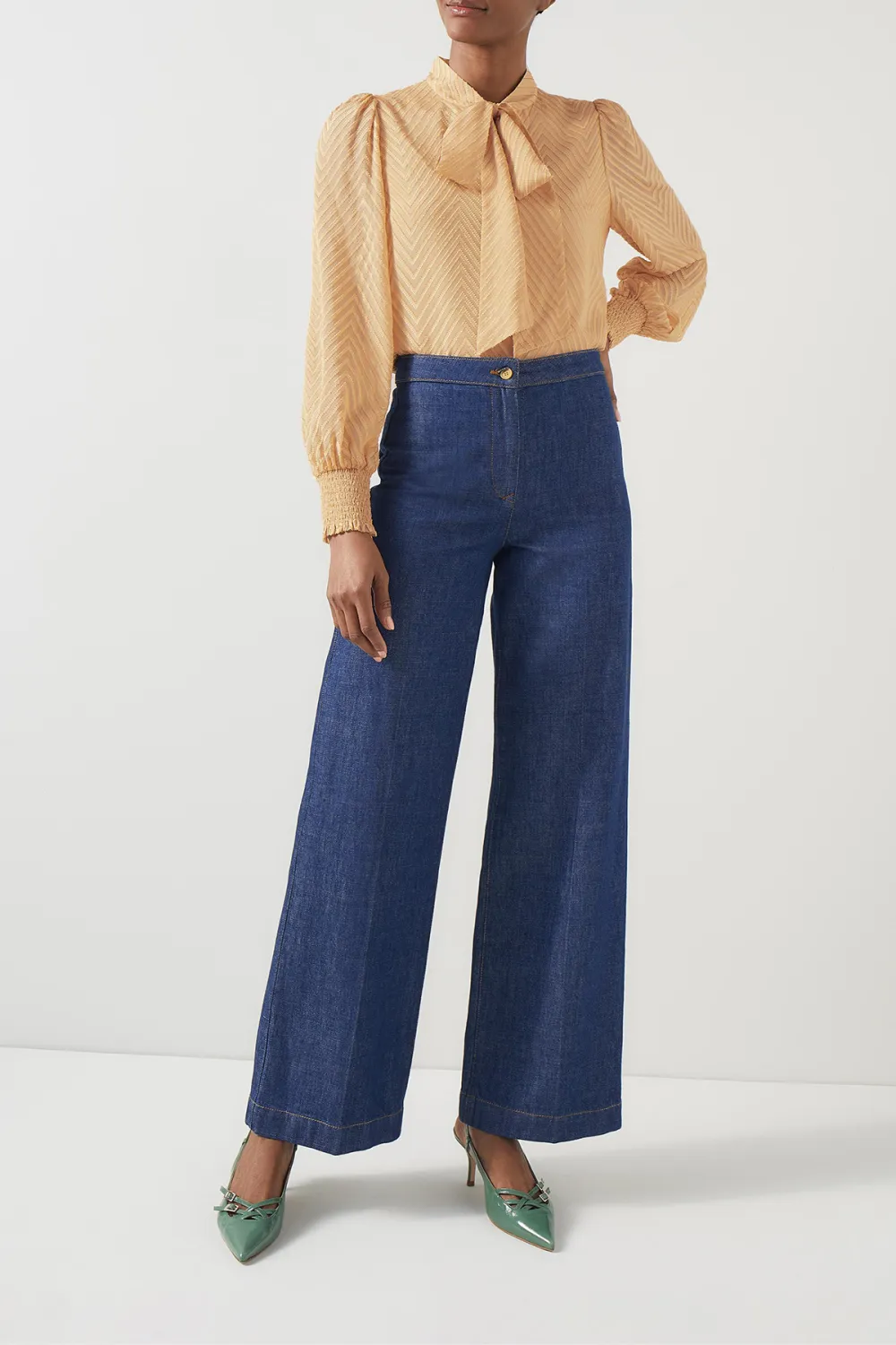 Beige Tie Neck Long Sleeve Textured Blouse