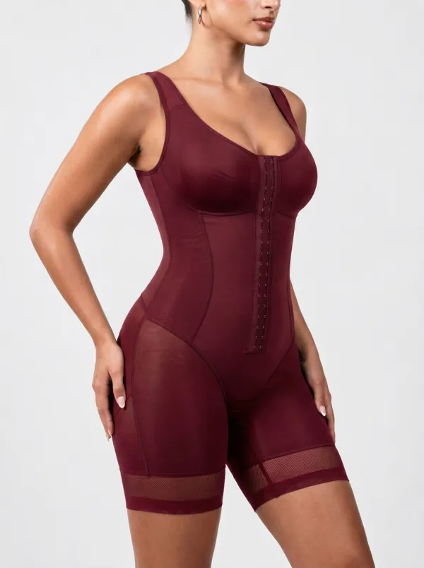 Women's Tummy Control Hook-Eye Mesh Trimmed Bodysuit Shapewear