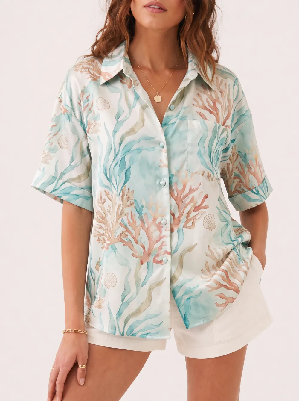 Women's Coastal Print Point Collar Shirt