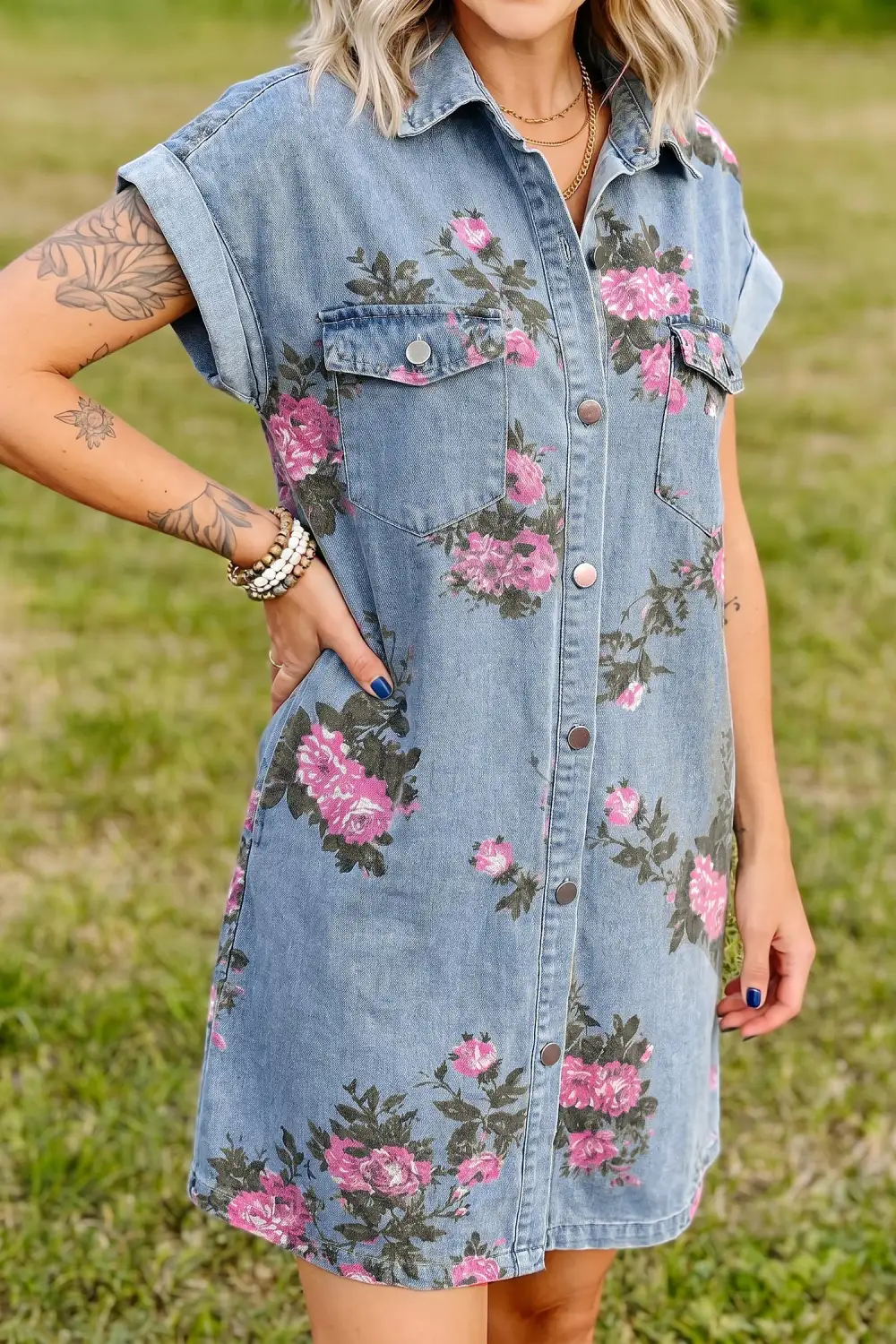 Sky Denim Floral Print Cuffed Short Sleeve Button Down Shift Dress
