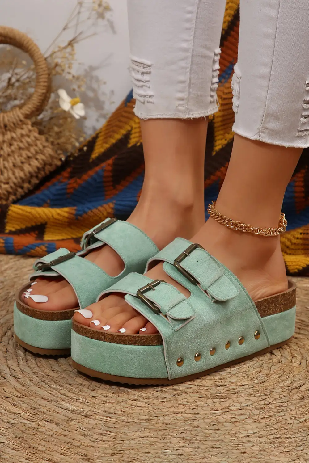 Suede Buckle Decor Footbed Sandals Slide Slippers Everyday