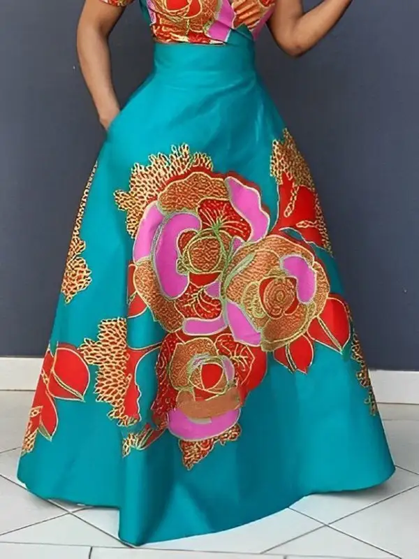 Loose Floral Printed Neck Maxi Dress