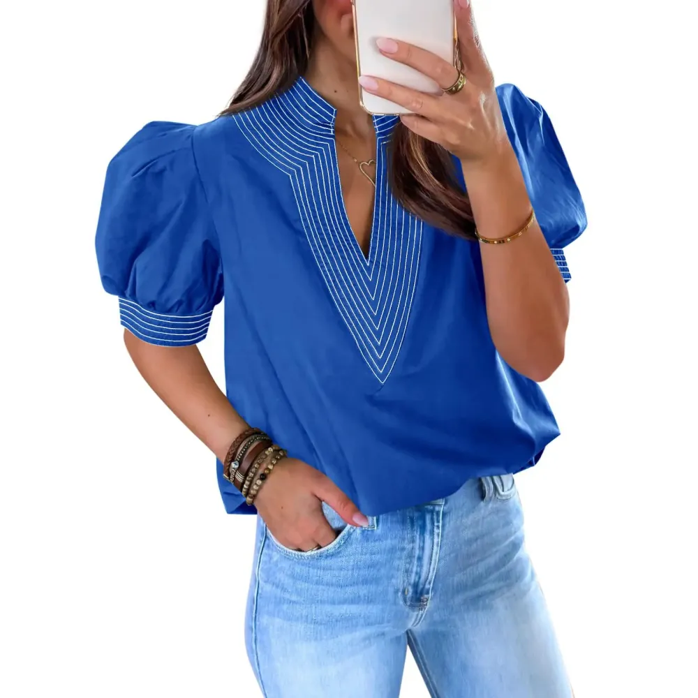 Womens Puff Short Sleeve Blouses Summer Casual Dressy Contrast Stitch