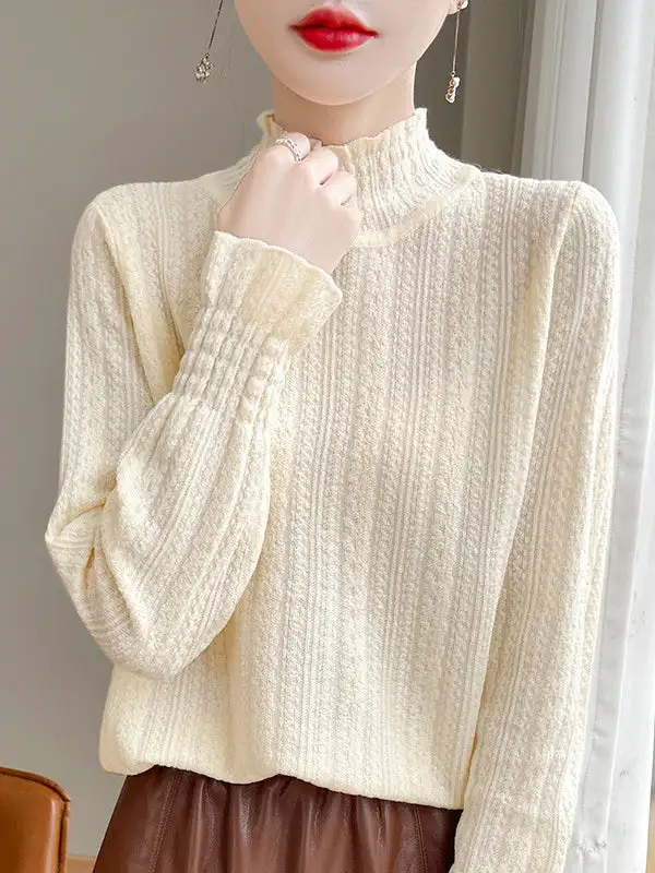 Long Sleeve Relaxed Elasticity Ruffle Trim Mock Neck T-Shirt