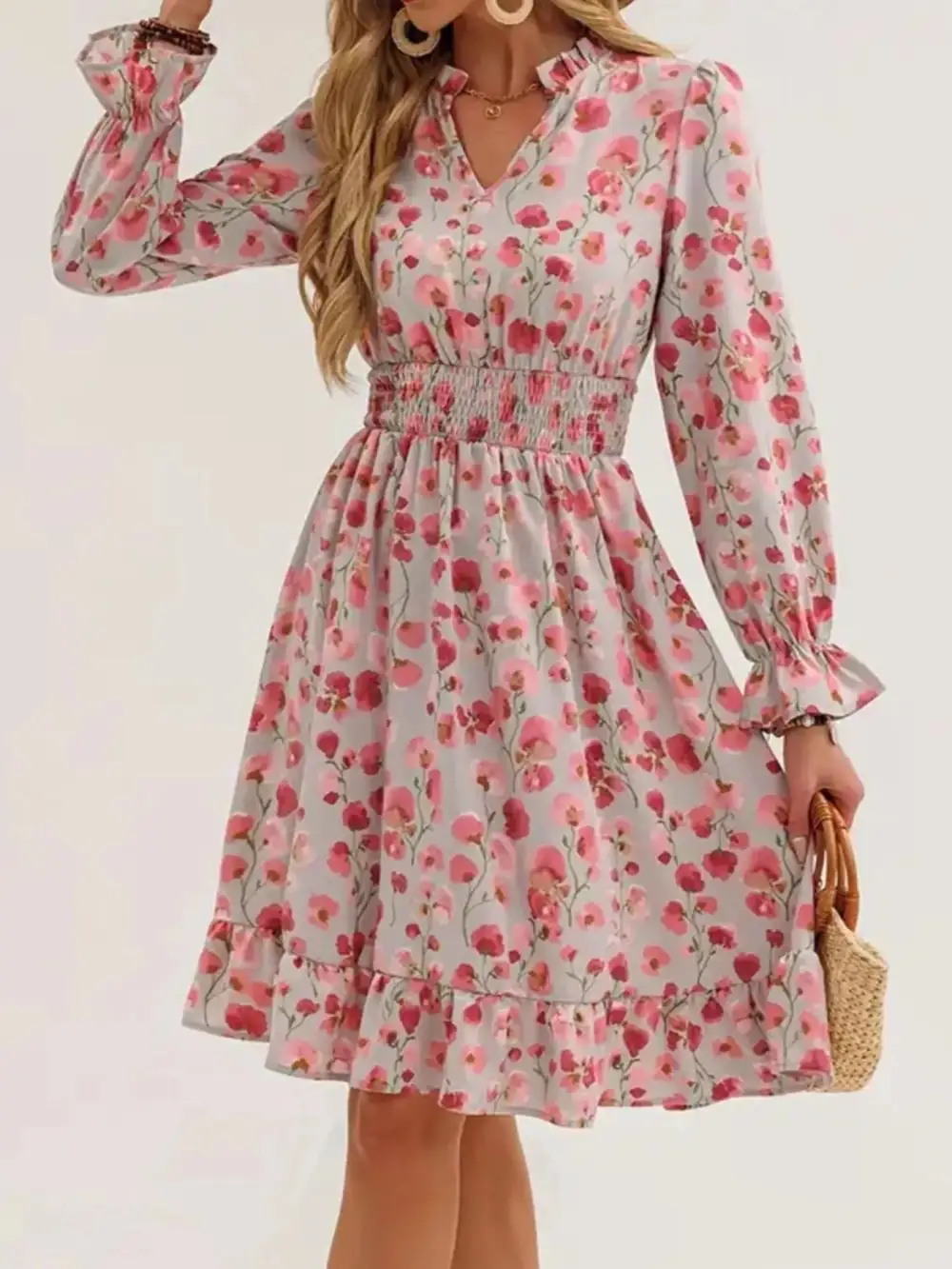 Layered Detail Floral Printed Ruffle Dress