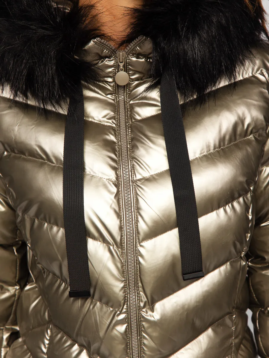 Gold Women's Long Quilted Winter Jacket With Hood