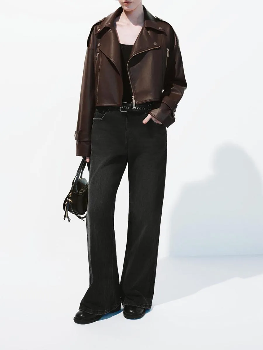 A Short Brown Loose Lapel Retro-Style Leather Jacket For Women