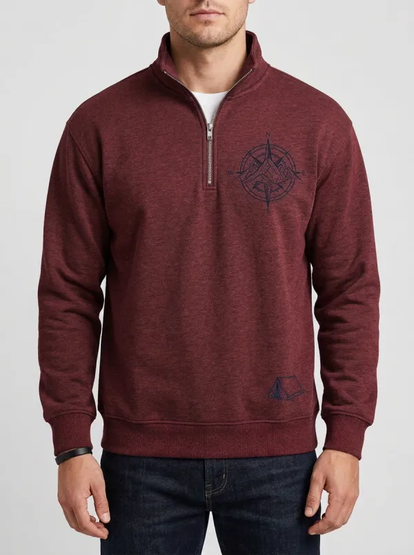 Men's Camping Hiking Lover Compass Mountain Graphic Quarter-Zip-Neck Sweatshirt