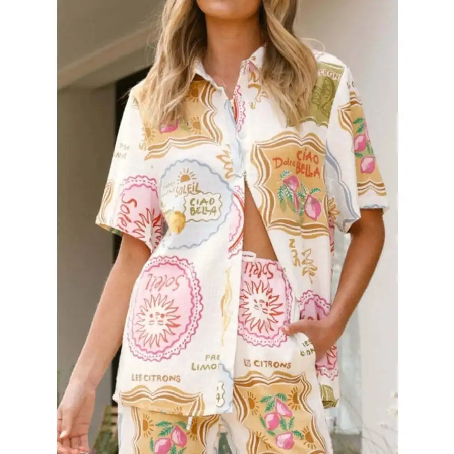 Simple Printed Button Up Shirt and Pants Set