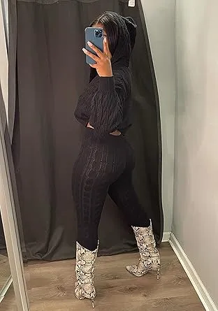 Women's Minimalist Textured Long Sleeve Crop Hooded Sweater& High Waist Skinny Pants Set