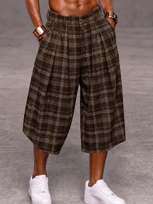 Men's Fashion Plaided Wide Leg Cropped Pants Shorts