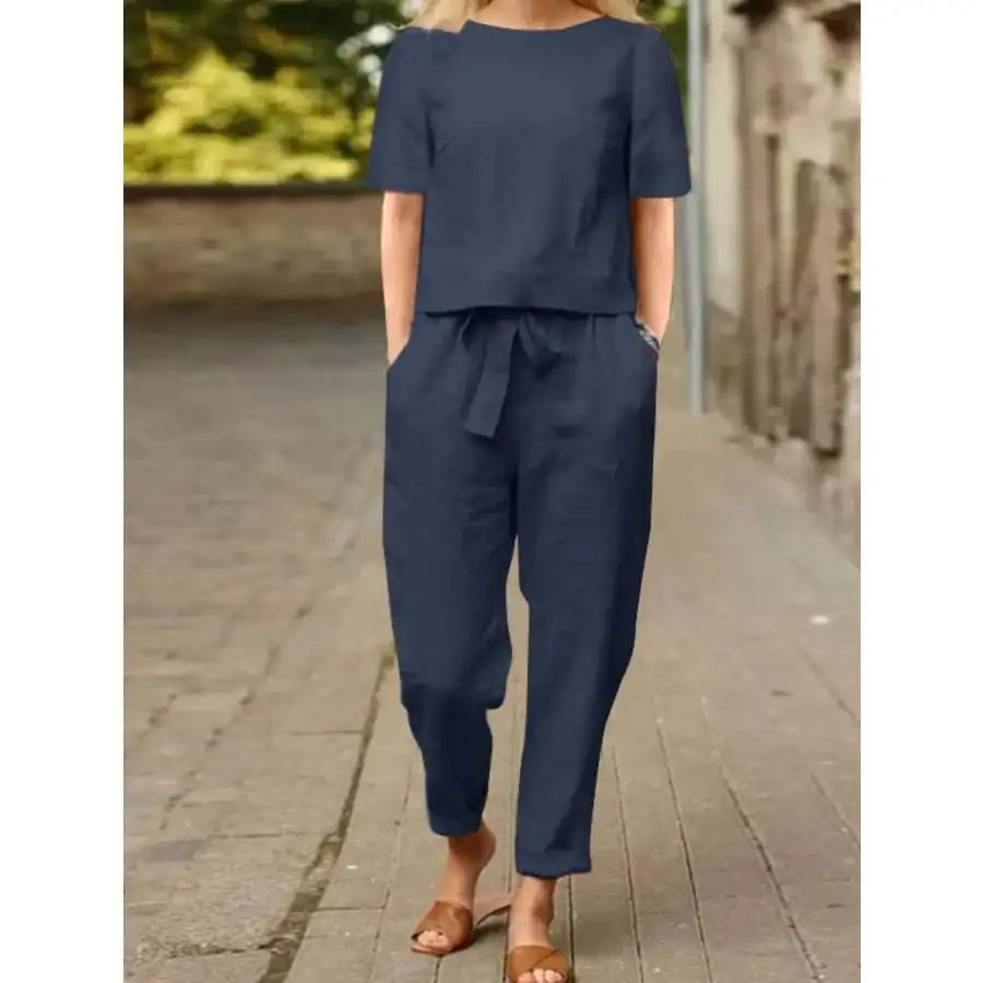 Relaxed Round Neck Short Sleeve Top and Pants Set