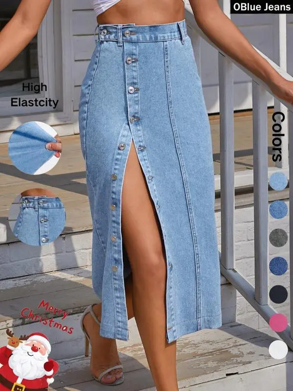Women'S Button Front Denim Skirt, Casual Fashion Skirt For Daily Wear