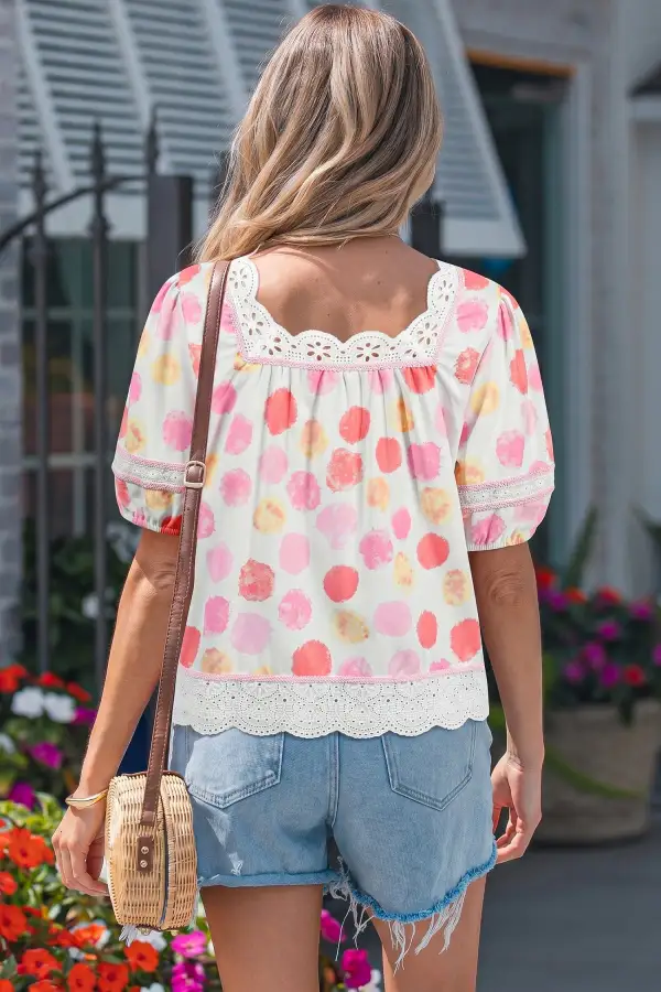 Pink Polka Dot Lace Trim Square Neck Puff Sleeve Blouse