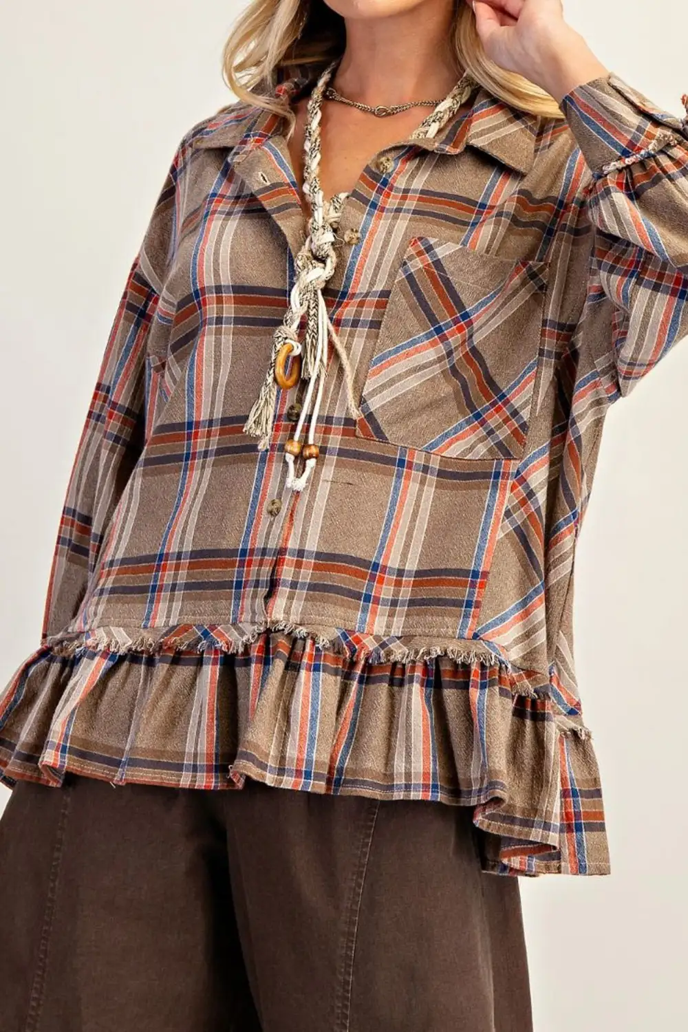 Plaid Button Down Collared Ruffle Shirt