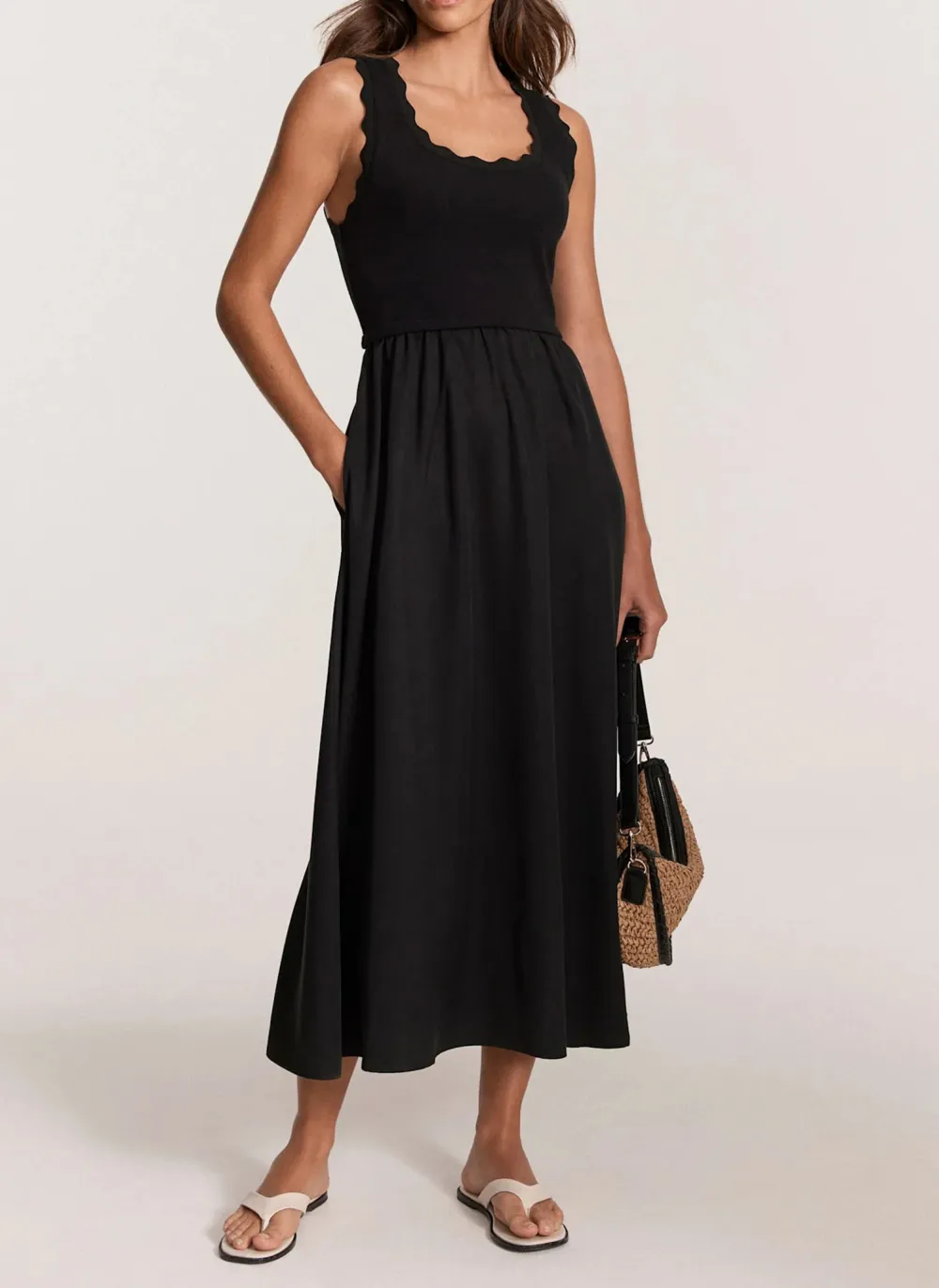 Casual Style Sleeveless Scallop Midi Dress