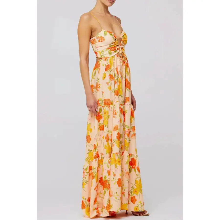 Floral Print Tie Front Tiered Maxi Dress