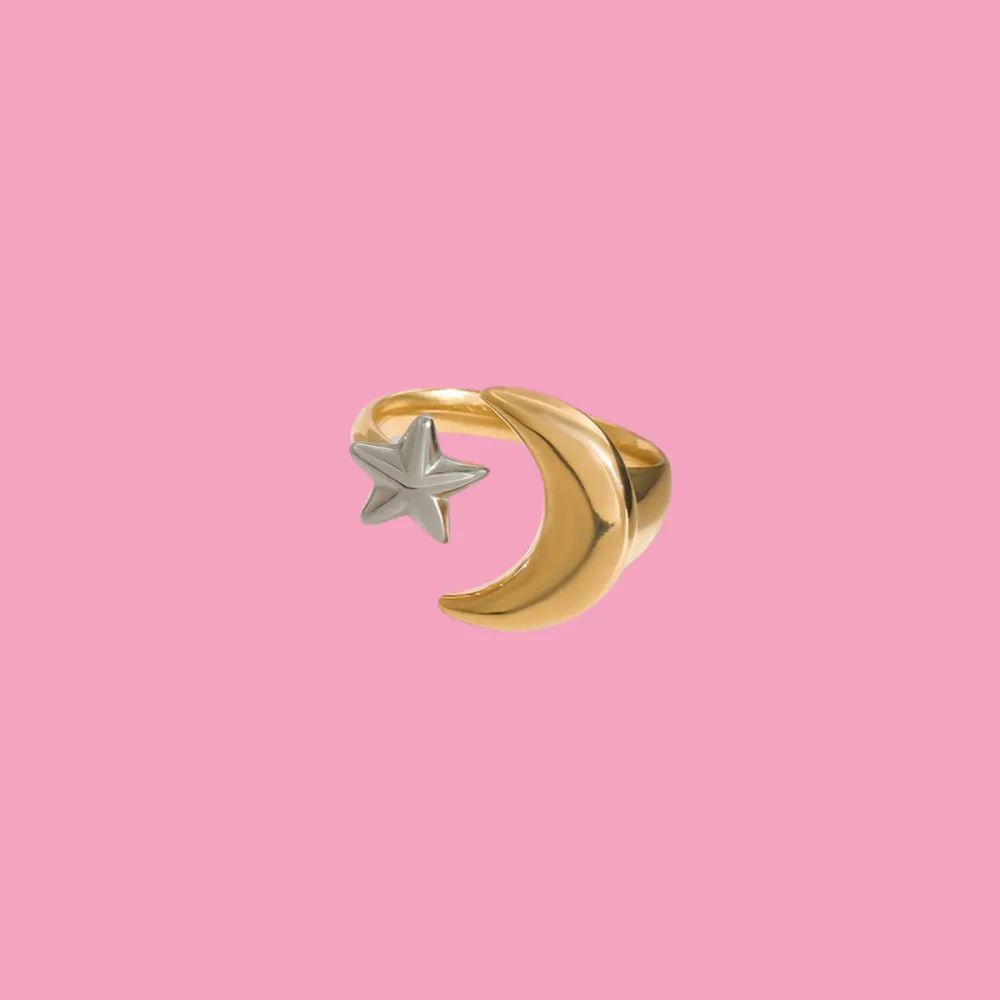 Mixed Finish Moon Star Ring
