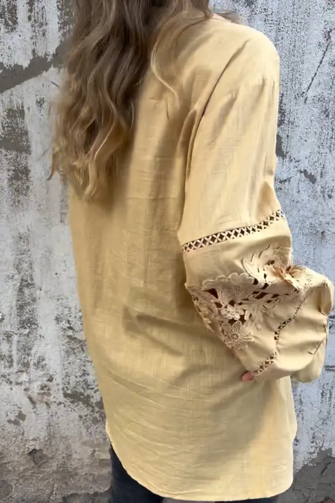 5PACK-Women'S Lace Stitching Cotton And Linen Shirt