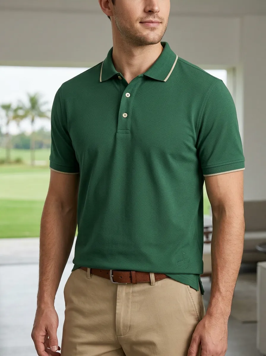 Practice Flag-Motif Embroidered Golf Polo Shirt