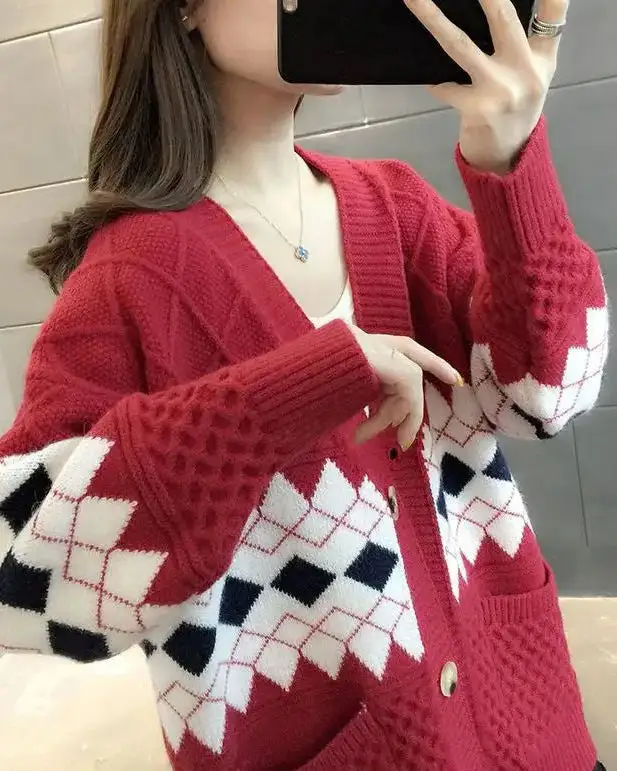 Acrylic-Blend Polyester-Blend Button-Front V-Neck Cardigan
