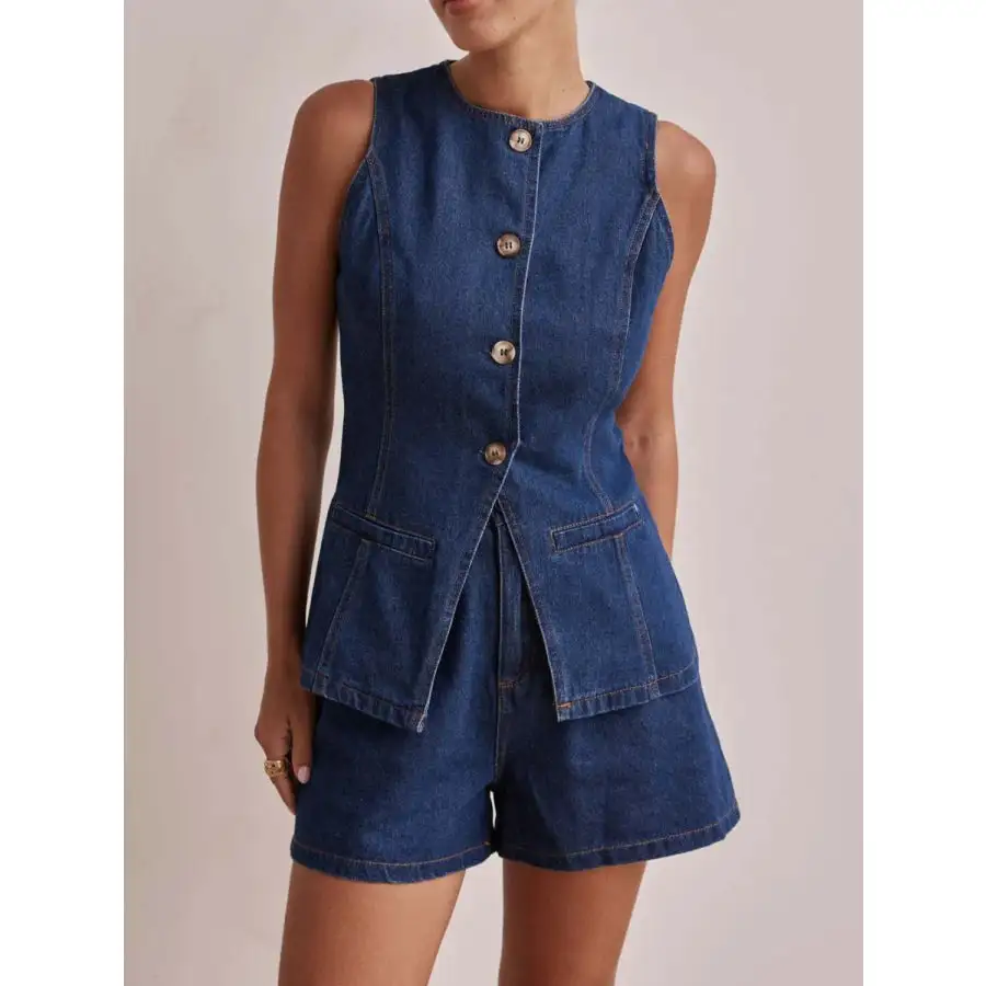 Relaxed Button Down Vest and Shorts Denim Set