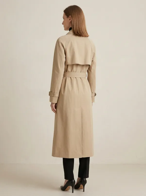 Women's Classic Beige Waist-Defining Minimalist Long Trench Coat