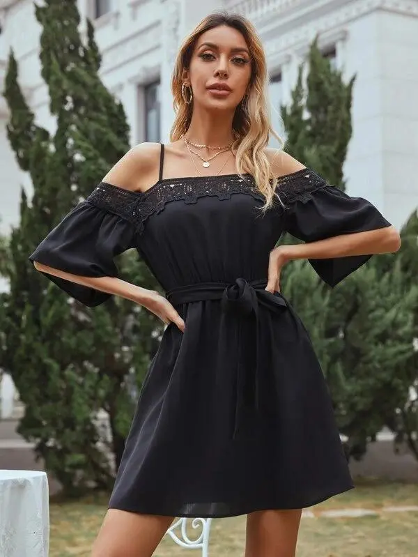 Women Solid Cold Shoulder Belted Dress