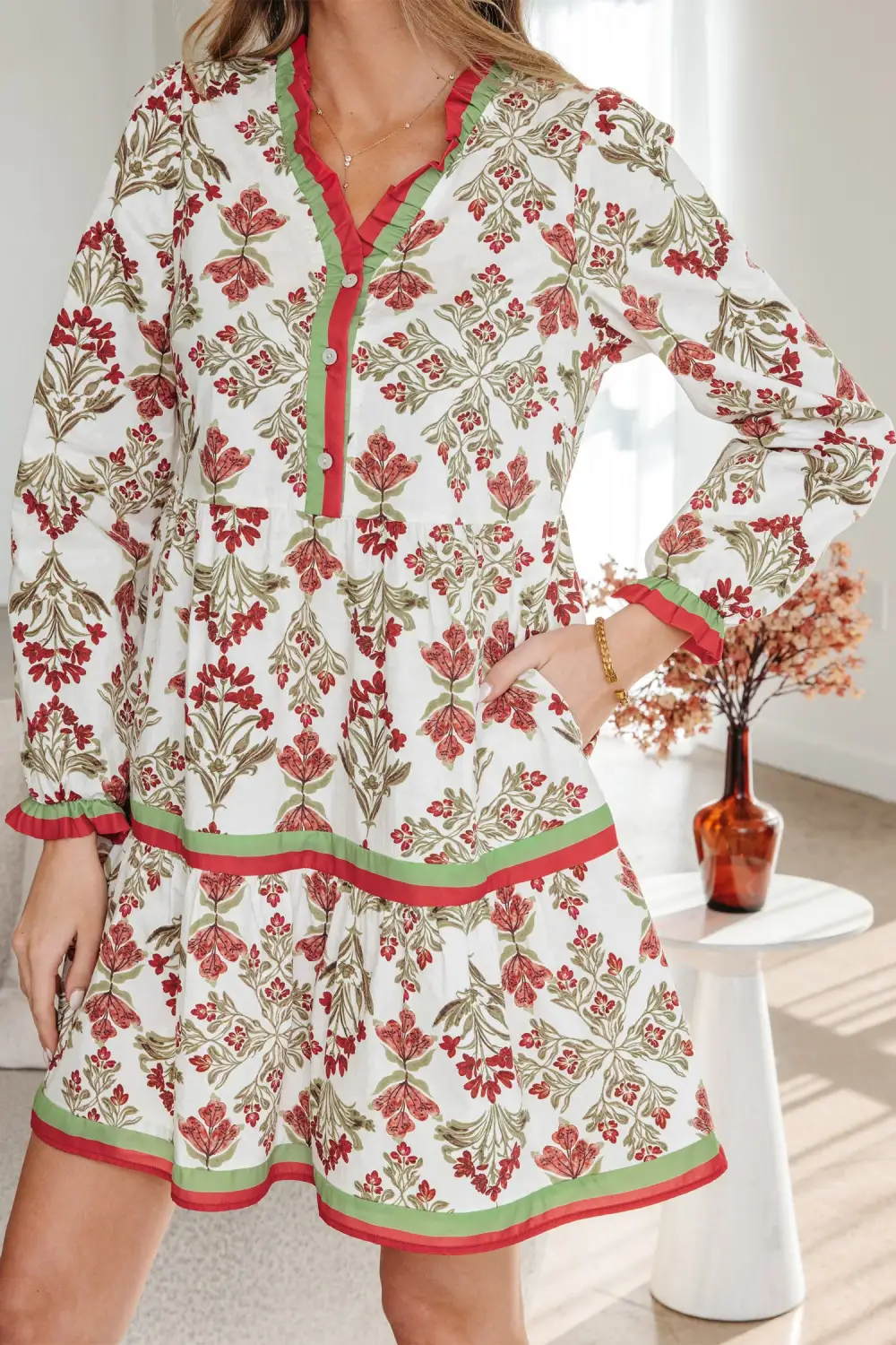 Textured Detail Floral Printed Ruffle Dress