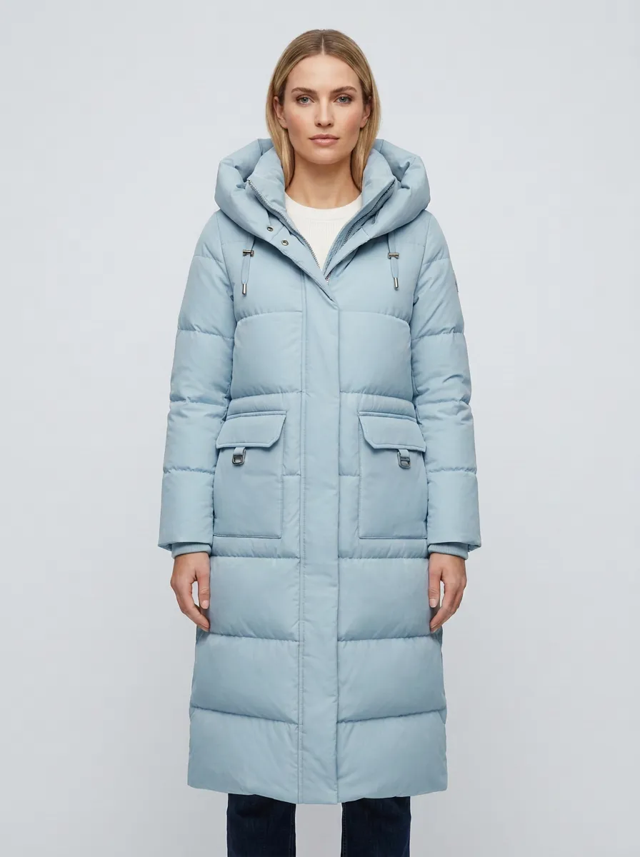 Insulated-Look Padded Long Hooded Coat
