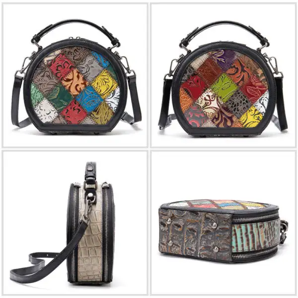 Small Cylindrical Cowhide Leather Handbag Retro Geometric