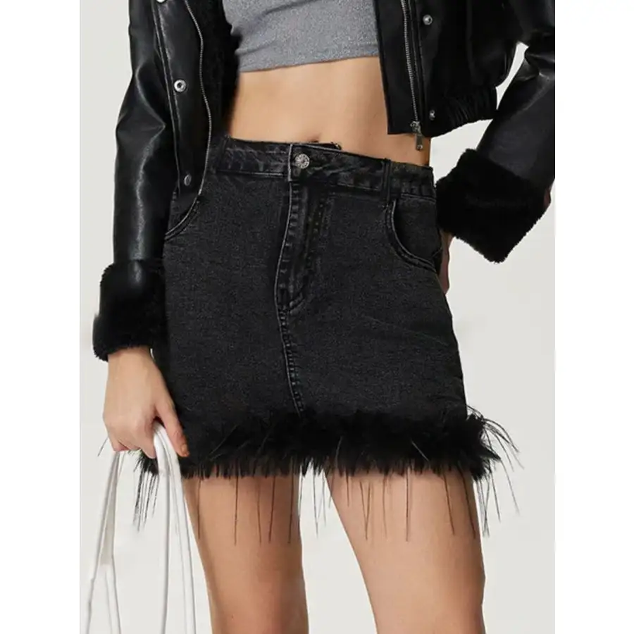 Plush Hem Mini Denim Skirt