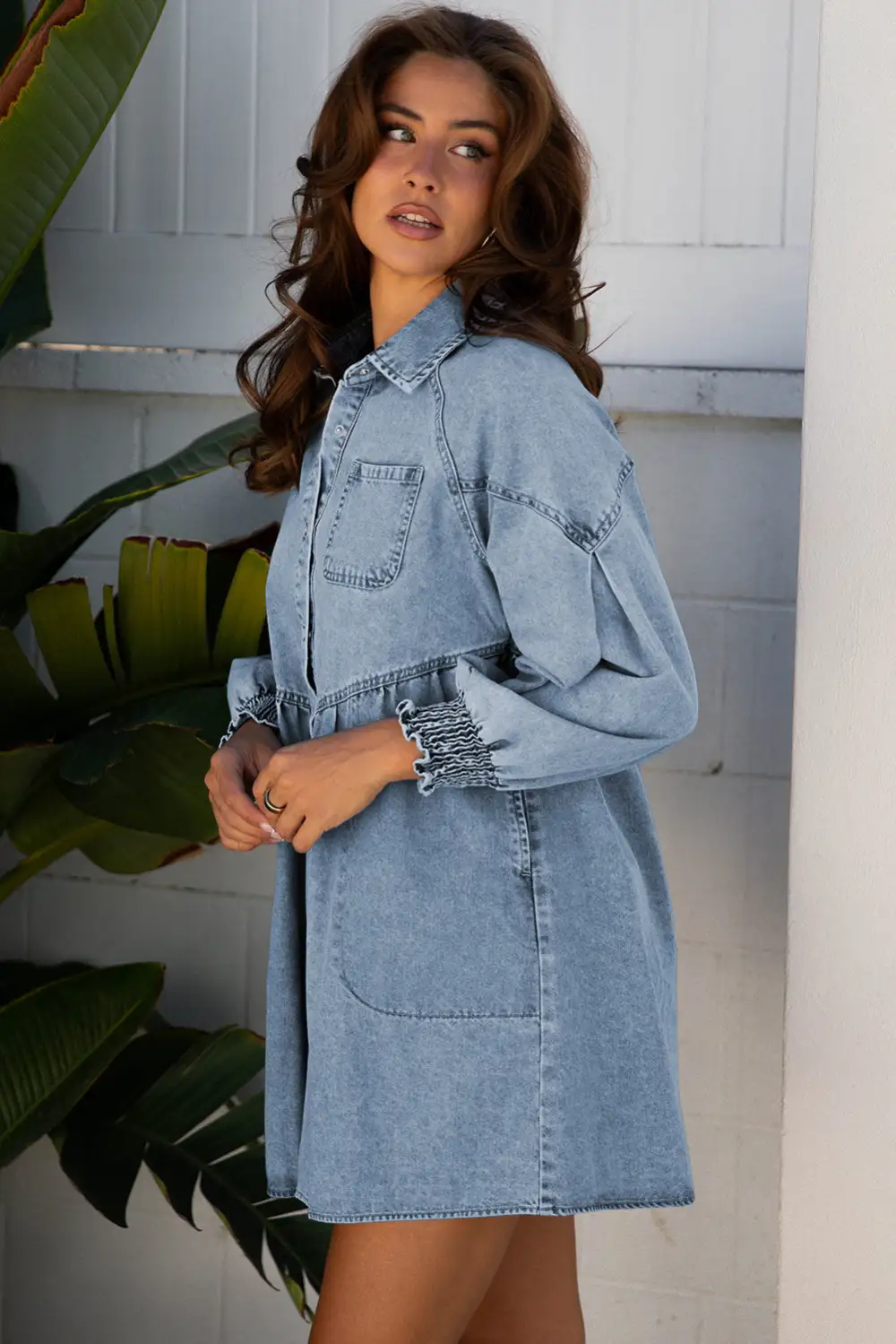 Denim Smocked Flared Mini Dress