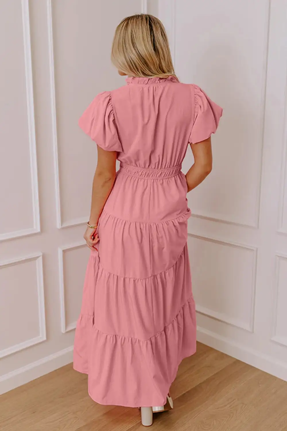 V Neck Tiered Puff Sleeve Maxi Dress