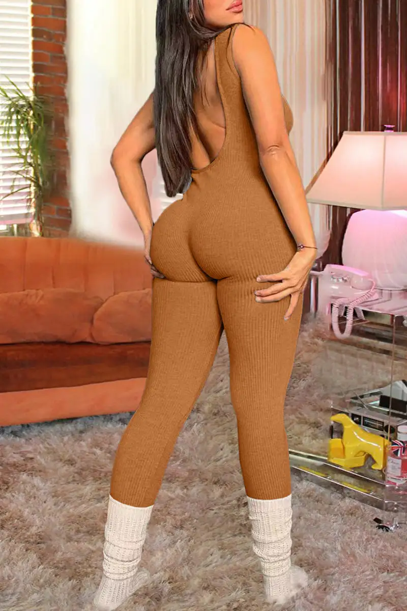 Fashion Casual Solid Backless O Neck Skinny Jumpsuits