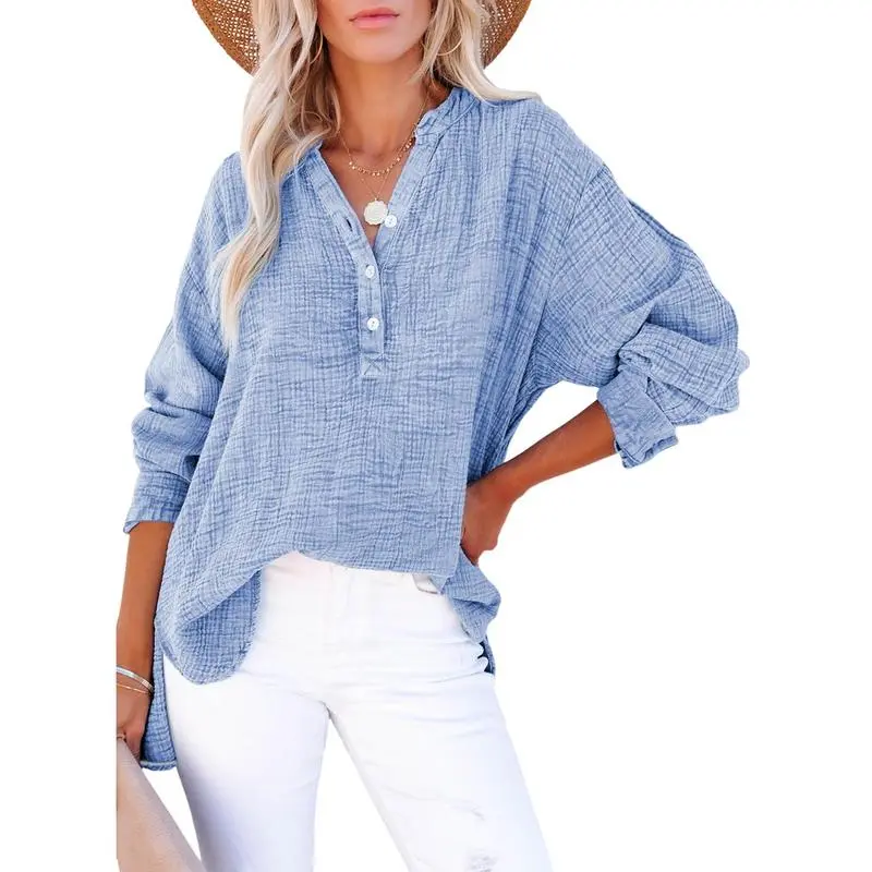 Women's Casual Button V Neck Long Sleeve Shirts Oversized Solid Blouses Tops 100% Cotton
