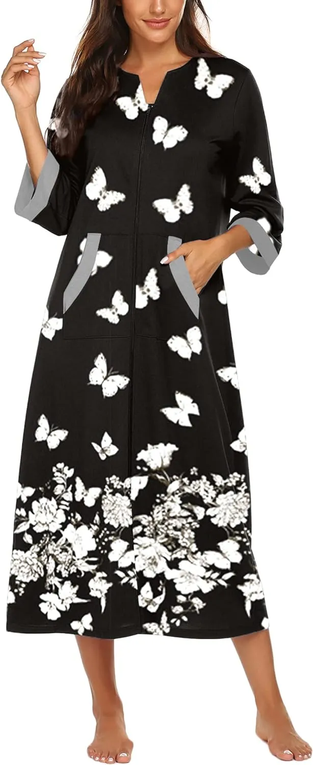 50% OFF Women Zipper Robe 3/4 Sleeves Loungewear Dress Full Length Sleepwear Pockets Housecoat Nightgown Long Bathrobe