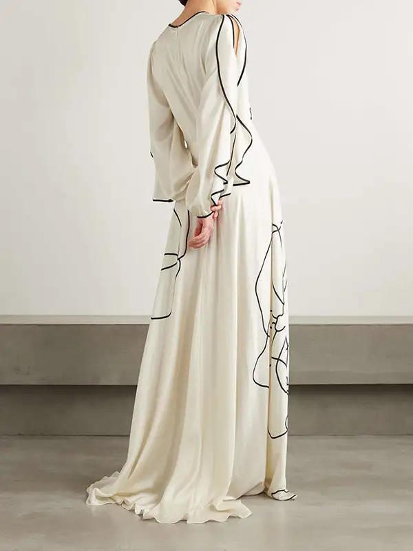 Loose Contrast Color Falbala Flower Print Hollow Zipper Maxi Dress