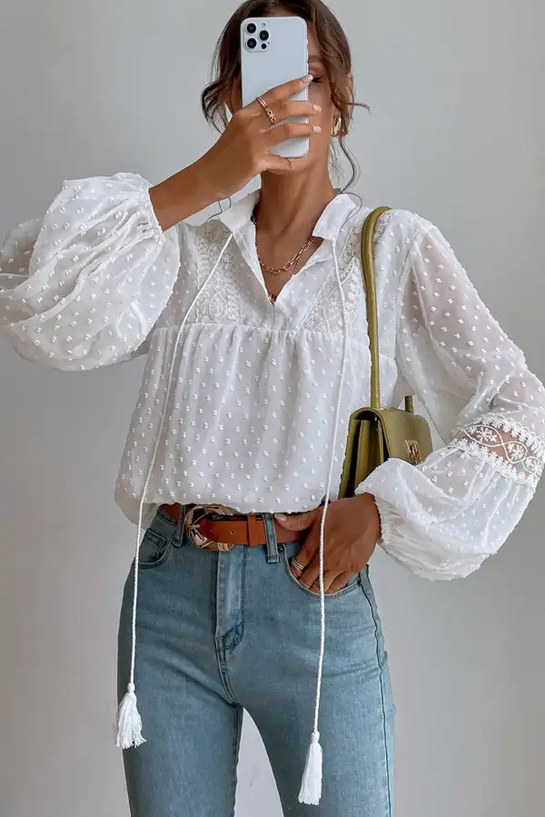 Swiss Dot Drawstring Balloon Sleeve Babydoll Blouse