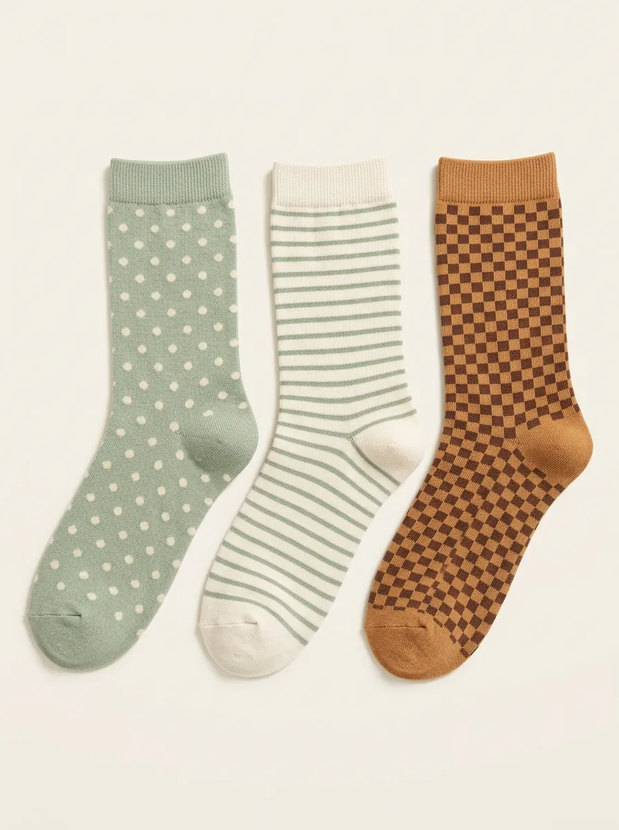 Botanical Polka Dot Striped Checkerboard Three Pair Sock Set